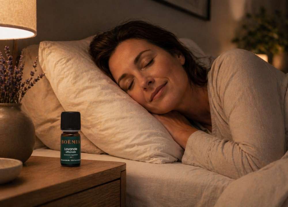 Une femme qui dort paisiblement grâce à l'huile essentielle de lavande officinale de la marque Boemia